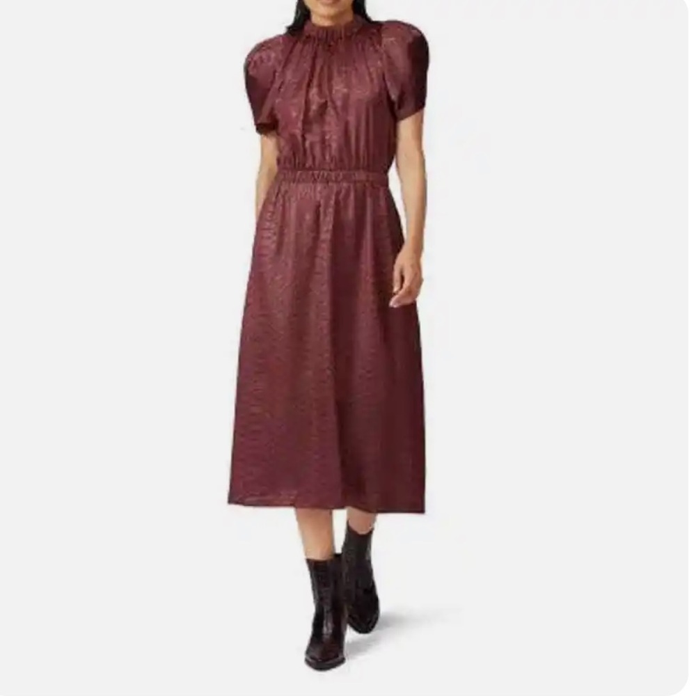 Sea New York Simone Midi Dress Womens Medium Burgundy Satin Puff Sleeve